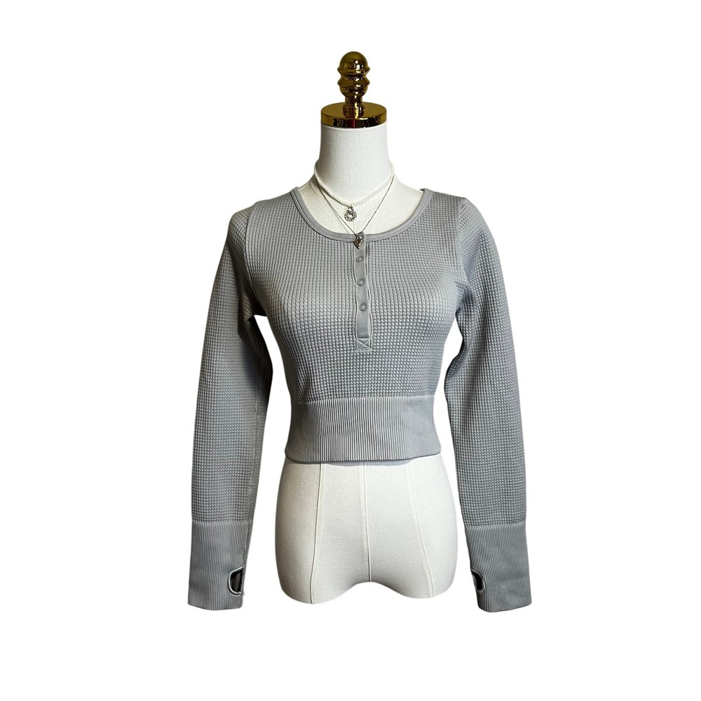 Gray Waffle Knit Henley Crop Top Long Sleeve Thumbhole Athletic Shirt Small
